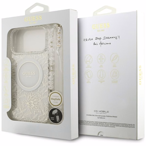 Guess IML Flowers Electro Pearl Strap MagSafe Ümbris jaoks iPhone 17 Pro Max - Valge