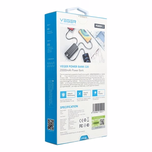 Powerbank Veger C20 (W2047 / W2059) 20000 mAh with built-in Micro-USB cables / Type C / Lightning must