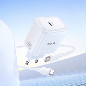 GaN зарядное устройство для телефона Hoco USB C PD AVS 40W max 60W с кабелем USB C на USB C N83 белое