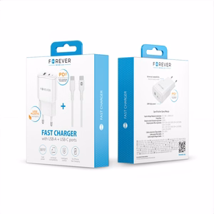 Forever TC-01-20AC PD QC laadija 1x USB-C 1x USB 20W valge + USB-C - USB-C kaabel 20W