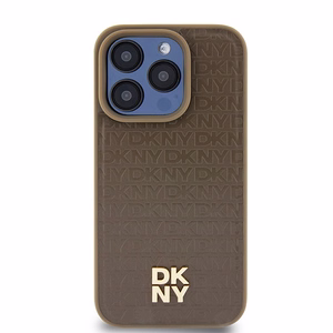 DKNY Leather Monogram Pattern Metal Logo MagSafe Ümbris jaoks iPhone 15 Pro - Brown