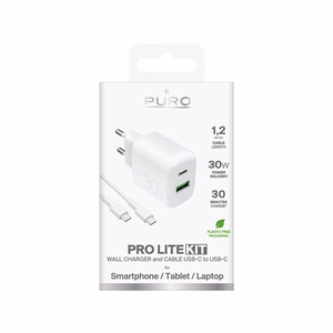 Puro PROLITE 30W USB-A / USB-C wall laadija + USB-C - USB-C kaabel 1.2m - valge