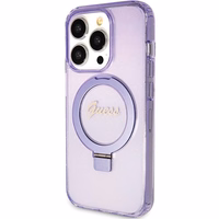 Original faceplate ümbris GUESS GUHMP15XHRSGSU jaoks iPhone 15 Pro Max (Compatible with Magsafe / Glitter Script Logo / Ring stand / lilla)