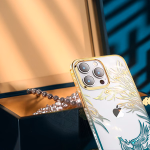 Luxury iPhone 14 Pro Ümbris with Kingxbar Phoenix Crystals - kuldne and sinine
