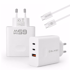 Blavec Wall charger BC-11 GaN - USB + 2xType C - QC PD 65W 3A with Type C to Type C cable (TCBC11G-U2CW653A) white