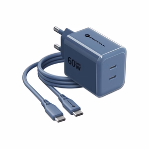 Telefonilaadija Forcell F-Energy GaN III Crystal Color, 2x USB C, AVS, SSFC3.0, 60W + silikoonkaabel USB C–USB C VT-60, tumesinine