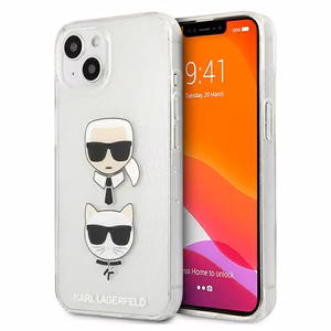 Karl Lagerfeld Glitter Karl's & Choupette Head ümbris iPhone 13 mini jaoks - hõbedane