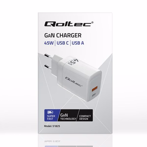 Qoltec 51825 GaN 45W laadija, 5-20V, 1.5-3A, 1 x USB-C PD, 1x USB QC 3.0, valge