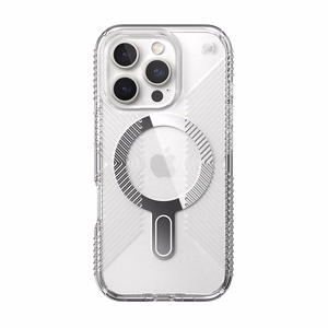 Speck Presidio Perfect-Clear Grip ClickLock & MagSafe ümbris seadmele iPhone 16 Pro, läbipaistev / kroomviimistlus / Serene Silver