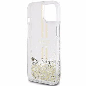 Guess Liquid Glitter kuldne Stripes ümbris jaoks iPhone 15 Plus / 14 Plus - läbipaistev