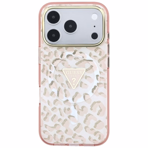 Guess IML Leopard Glitter Triangle Logo MagSafe ümbris mudelile iPhone 17 Pro Max / 18 Pro Max – värv: roosa
