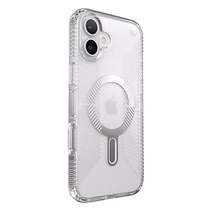 Speck Presidio Perfect-Clear Grip ClickLock & MagSafe ümbris seadmele iPhone 16 Plus, läbipaistev / kroomviimistlus / Serene Silver