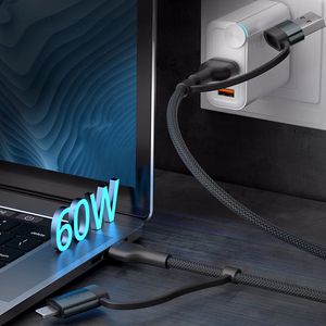 3mk Hyper Cable N-SERIES 2 in 2 USB-A / USB-C ja USB-C / Lightning 1.2m QC 3.0 9V/2A 60W - must