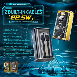 WEKOME WP-345 Vanguard Series akupank, 10000 mAh, PD 20 W + QC 22,5 W, sisseehitatud USB-C- ja Lightning-kaablitega, kollane
