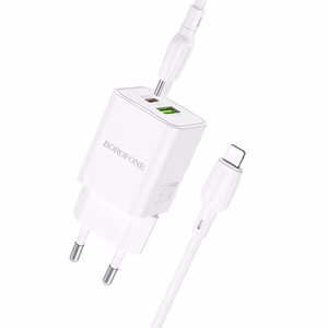 Borofone Wall Laadija BN14 Royal GaN - USB + Type C - QC 3.0 PD 30W with Type C to Lightning Kaabel valge