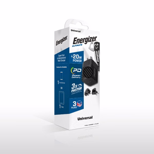 Energizer Ultimate A20MU GaN reisilaadija EU / UK / US pistikutega, USB-C, 20 W PD, must
