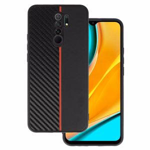 Tel Protect CARBON Ümbris jaoks Xiaomi Redmi 9 Must with punane stripe