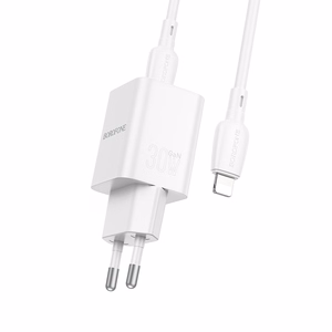 Borofone Wall Laadija BN14 Royal GaN - USB + Type C - QC 3.0 PD 30W with Type C to Lightning Kaabel valge