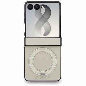 Beež Guess Magnetic Ring Stand Grained Classic Logo MagSafe ümbris Samsung Galaxy Z Flip8 mudelile