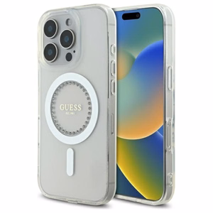 Guess IML Rhinestones MagSafe Ümbris jaoks iPhone 16 Pro - valge