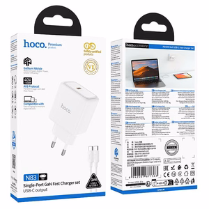 GaN зарядное устройство для телефона Hoco USB C PD AVS 40W max 60W с кабелем USB C на USB C N83 белое