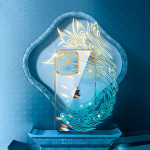 Luxury iPhone 14 Plus Ümbris with Kingxbar Phoenix Crystals - kuldne and sinine