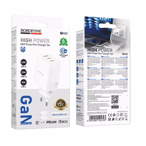 Borofone Sein laadija BN32 Cargador GaN - USB + 2xType C - QC 3.0 PD 65W koos Tüüp C to Tüüp C valge