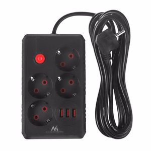 Maclean MCE393 B pikendusjuhe 4 pistikupesa ja 3 USB-pordiga, 110–240 V AC, 50/60 Hz, 2,1 A, max 2500 W, 3 m, must