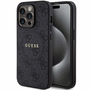 Guess 4G Collection Leather Metal Logo MagSafe Ümbris jaoks iPhone 15 Pro - must