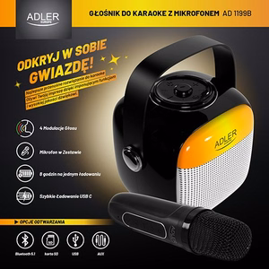 Adler AD 1199 karaoke kõlar mikrofoniga, SD/USB/AUX/Bluetooth, must