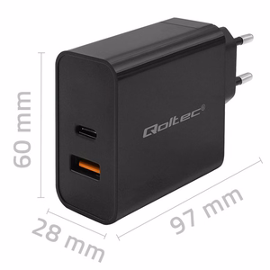 Qoltec 52381 Super Quick PD laadija | 1xUSB-C | 1xUSB | 90W | 5-20V | 2.4-4.35A | must