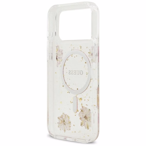 Guess Resin Flowers Glitter MagSafe ümbris jaoks iPhone 17 Pro Max roosa