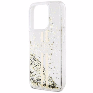 GUESS ümbris jaoks IPHONE 15 Pro GUHCP15LLFCSEGT (Liquid Glitter kuldne Stripes) läbipaistev