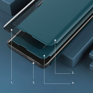 Eco Leather View Case elegantne raamaturiiuli tüüpi ümbris koos jalutusalusega Samsung Galaxy A22 4G oranžile