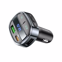 Car Laadija Hoco USB A + USB C PD QC3.0 5A 30W with digital display + transmitter FM BT E70 obsidian must