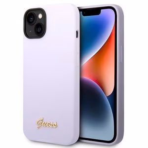 Guess Силиконовый чехол Vintage Gold Logo для iPhone 14 / 15 Plus — фиолетовый