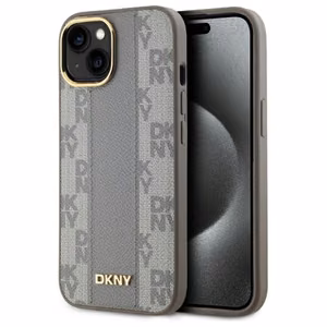 DKNY Leather Checkered Mono Pattern MagSafe iPhone 15 Plus Ümbris - Beige