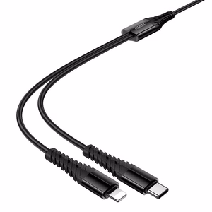 Кабель 2in1 USB C to USB C+Lightnig Hoco 1 m X123 черный