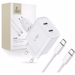 Tech-Protect C20W 2x USB-C PD 20W laadija with USB-C / USB-C kaabel - valge
