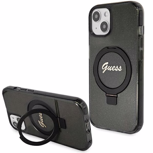 Guess Ring Stand Script Glitter MagSafe чехол для iPhone 15 Plus / 14 Plus - чёрный