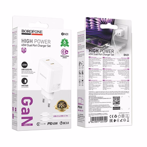Borofone Wall Laadija BN31 Cargador GaN - 2xType C - QC 3.0 PD 45W with Type C to Type C kaabel valge