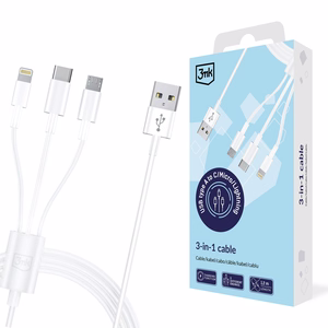 3mk 3-in-1 kaabel USB-A - microUSB / Lightning / USB-C 1.2m 20V/2.4A 15W, valge