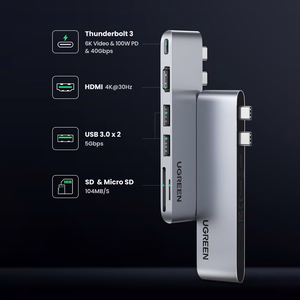 Ugreen CM380 jaotur 2xUSB-C - HDMI/2xUSB 3.0/SD TF/USB-C PD - hall