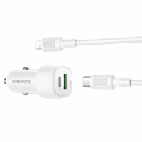 Borofone autolaadija BZ34B Cloud - USB + Type C - QC 3.0 PD 38W koos Type C - Lightning kaabliga valge