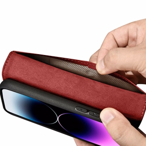 iCarer Rahakott ümbris 2in1 Cover iPhone 14 Pro Max nahast Flip Cover Anti-RFID punane (WMI14220728-RD)