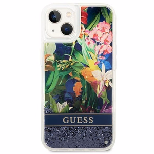 GUESS ümbris jaoks IPHONE 13 / 14 / 15 GUHCP14SLFLSB (Flower Liquid Glitter) sinine