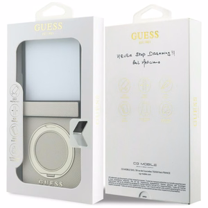 Beež Guess Magnetic Ring Stand Grained Classic Logo MagSafe ümbris Samsung Galaxy Z Flip8 mudelile