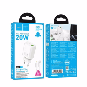 Phone Laadija Hoco USB A + USB C QC3.0 PD 3A 20W + Kaabel USB C to Lightning N61 valge