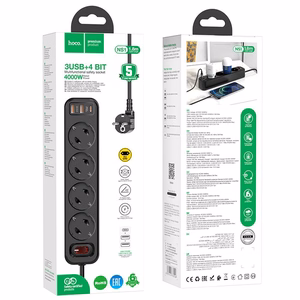Charger-power strip Hoco NS1 (2xUSB; 1xUSB-C; 4xEU socket; 3A 20W) black