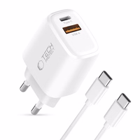 Tech-Protect NCA45W-GAN 2-portiline 45W seinalaadija USB-C kaabliga - valge